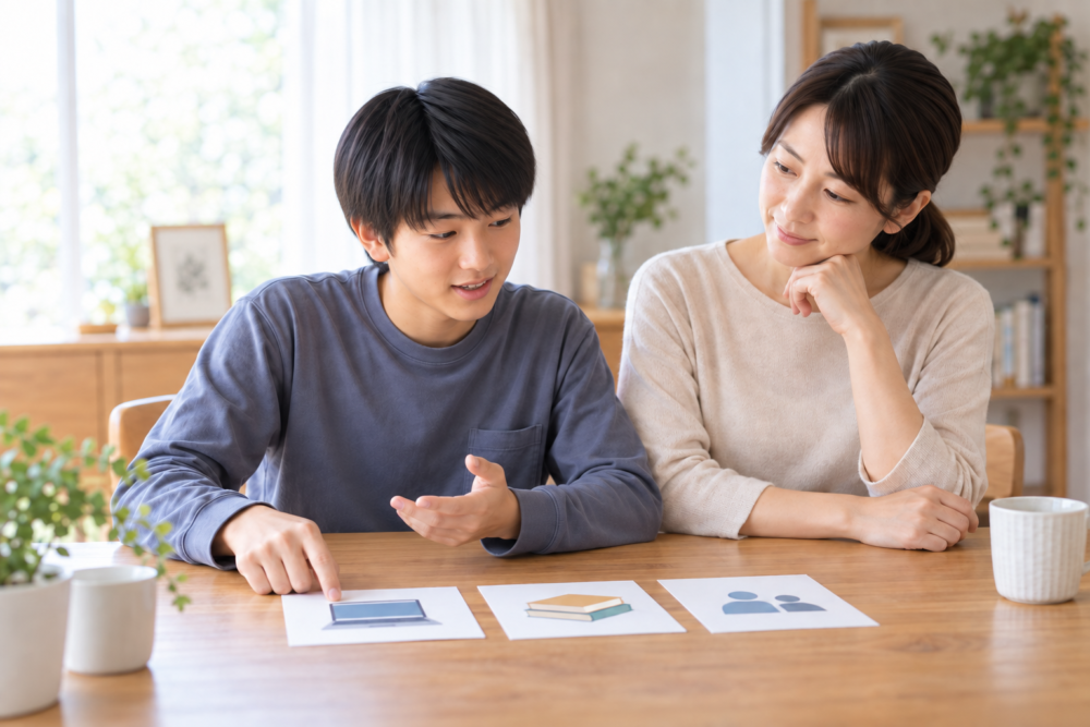 保護者が中学生の話を聞きながら少数の学習案を一緒に比べるイメージ