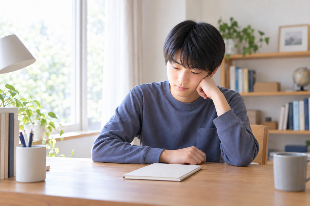 閉じたノートを前に勉強へ向かう力が出ない中学生のイメージ