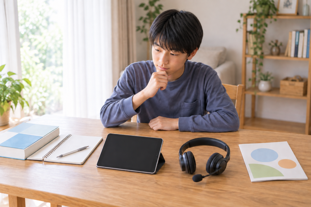 ノート、タブレット、ヘッドセット、施設案内を並べて学び方を比べるイメージ