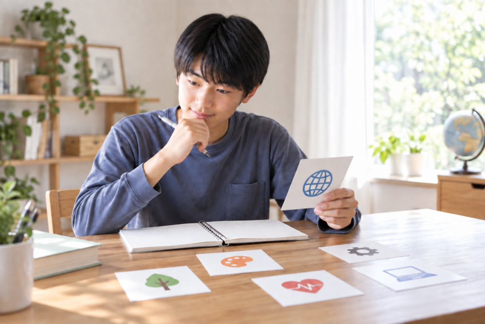 将来の選択肢を表すカードを見ながらノートに考えを書く中学生のイメージ