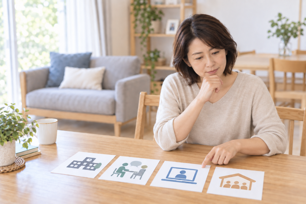 不登校の相談先や学校外の学び方を表すカードを比べる保護者