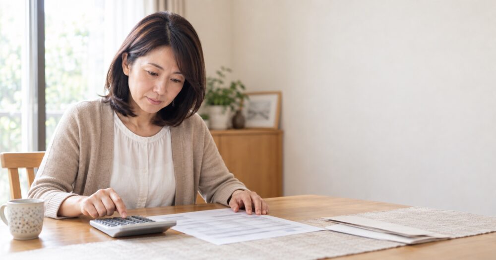 料金表と電卓を前に毎月の費用を計算する保護者の手元