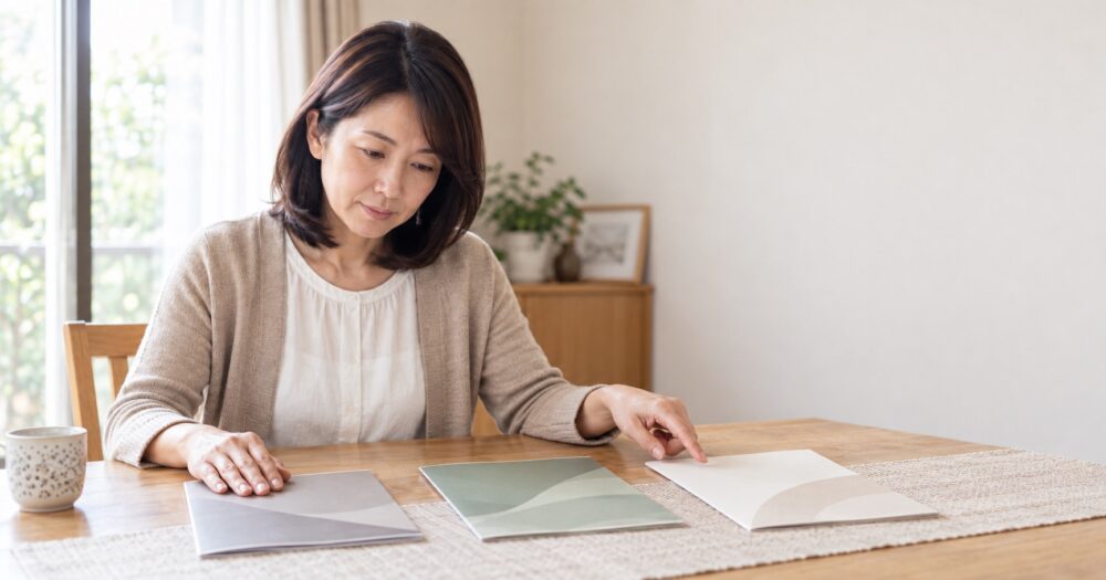 複数のフリースクールの資料を並べて比べる保護者の手元
