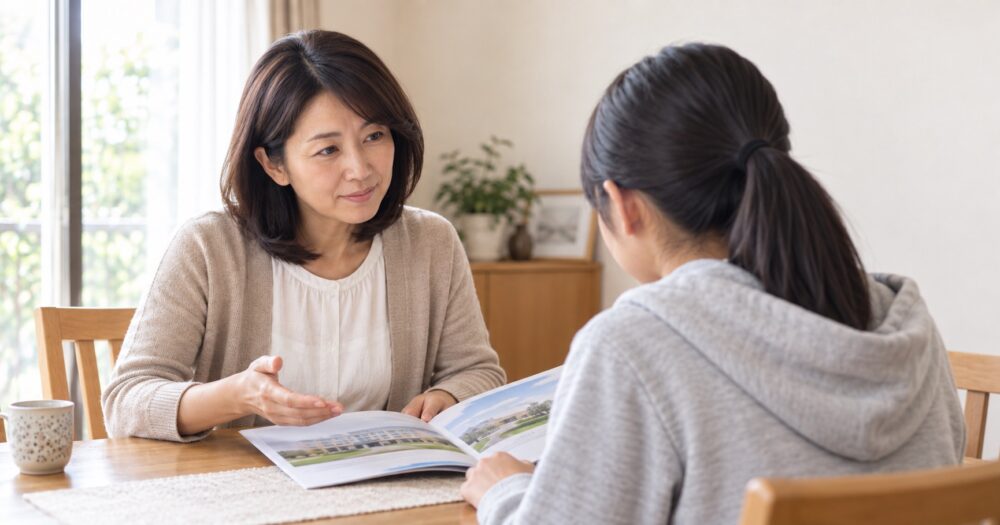 高校の資料を親子で静かに見ている場面