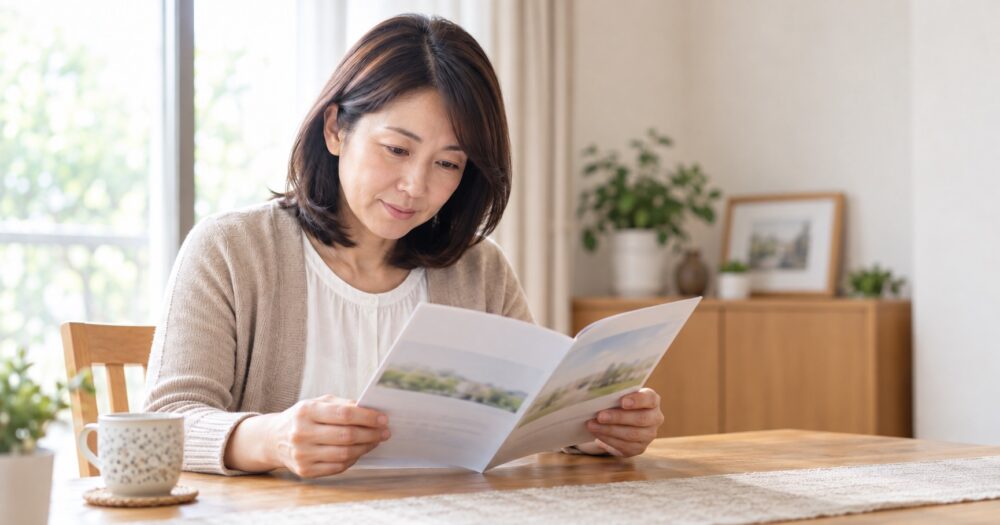 フリースクールの資料を開いて基本情報を確かめる保護者
