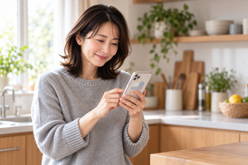 スマートフォンで子どもの学習記録を確かめて、ほほえむ保護者