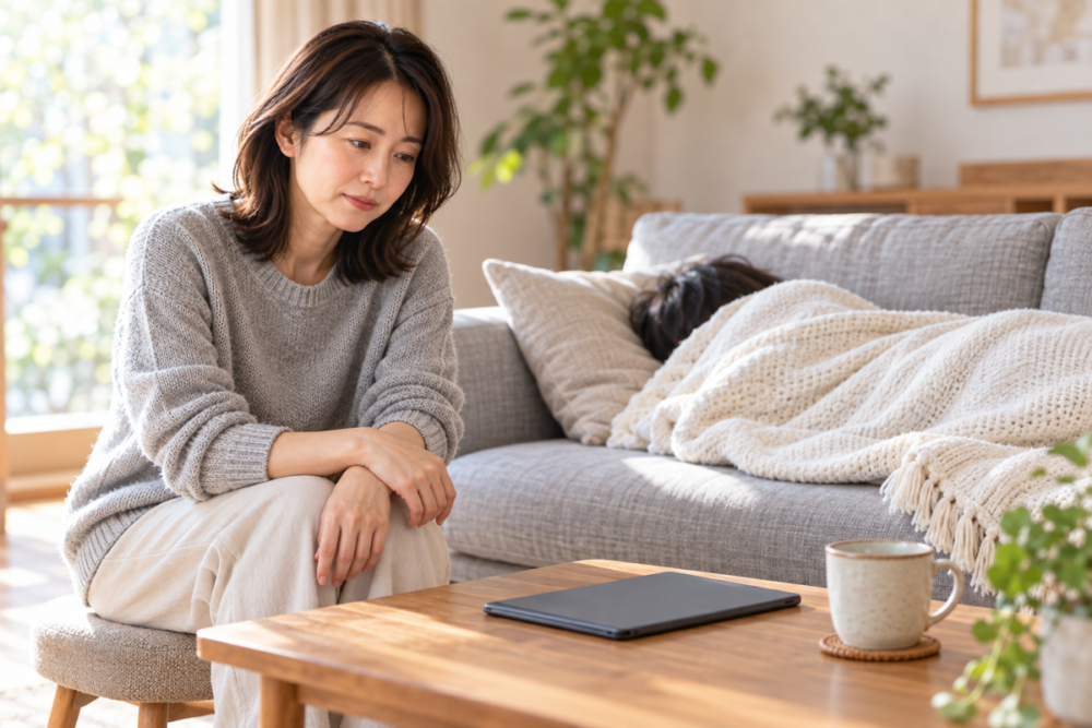 ソファで休む子どもを、そばで考え込みながら見守る保護者