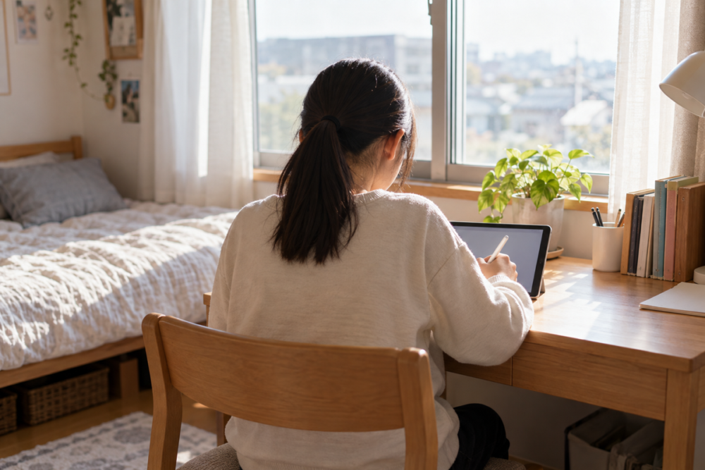 自宅の机でタブレット学習に取り組む子どもの後ろ姿