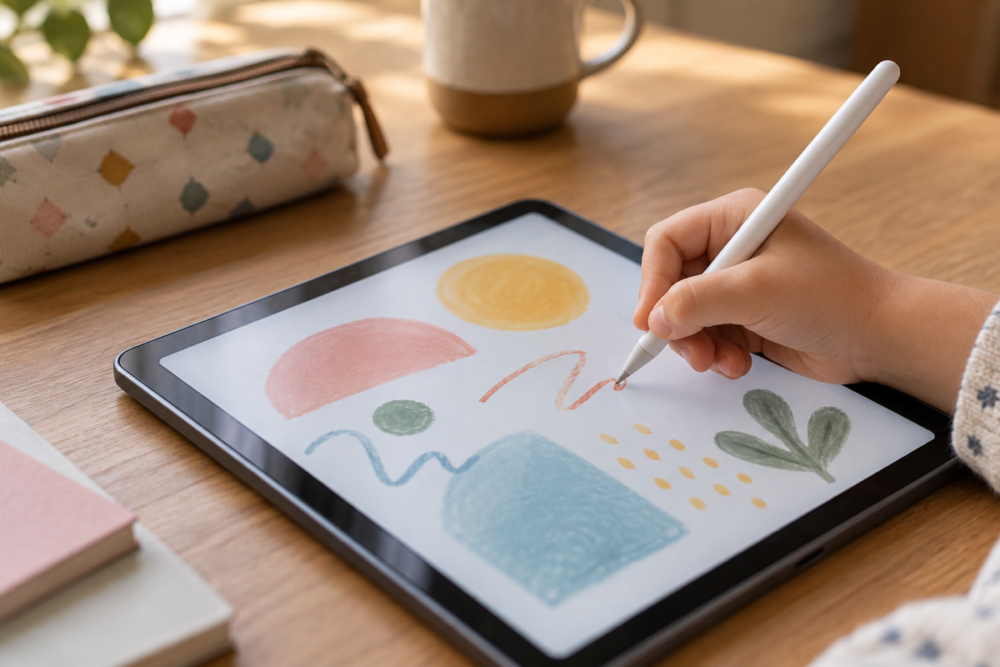 タブレットにペンで答えを書き込む子どもの手元