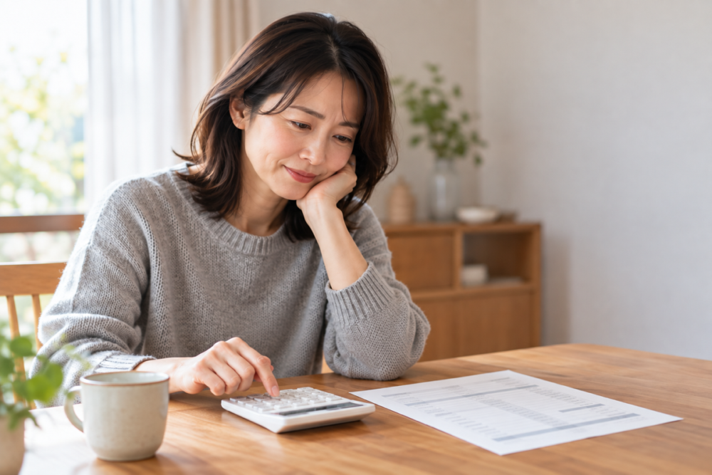 料金表と電卓を前に費用を計算する保護者