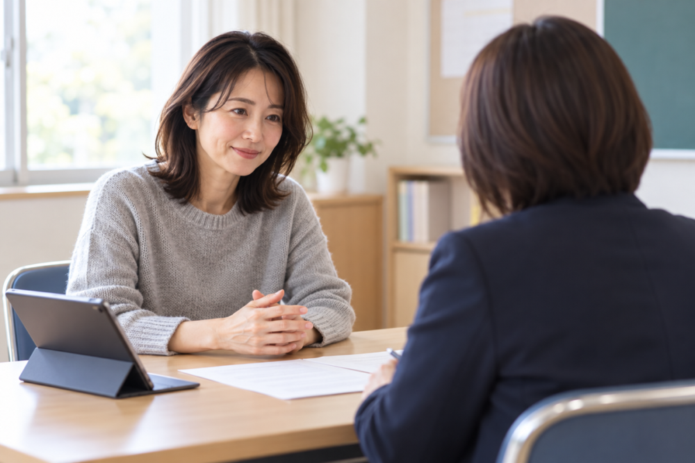 学校の面談室で担任の先生に家庭学習について相談する保護者